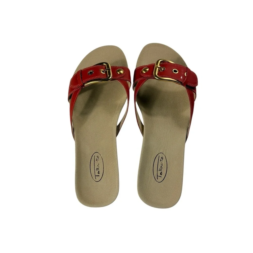 Talbots Penelope 4 Tomato Red Leather Buckle Slide Sandals 9.5 W Made in Brazil